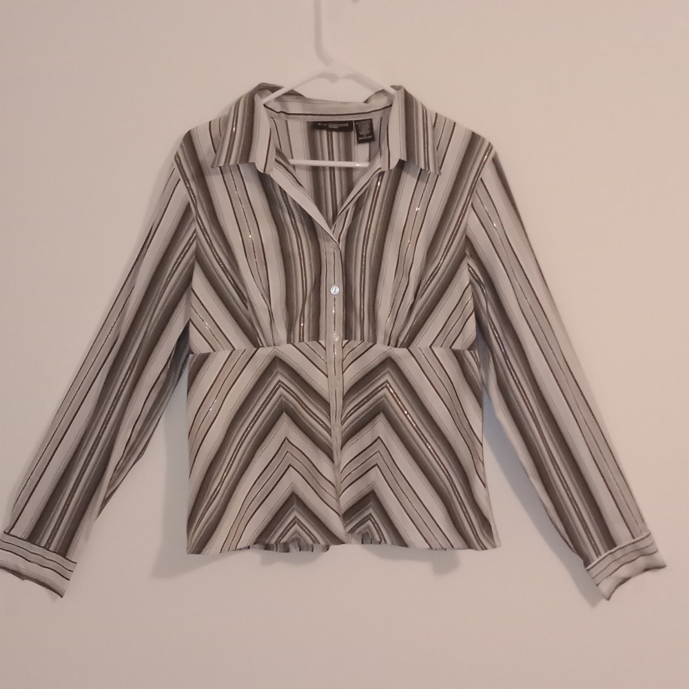 BLUE DIAMOND Women Gray/White/Silver strip blouse Large